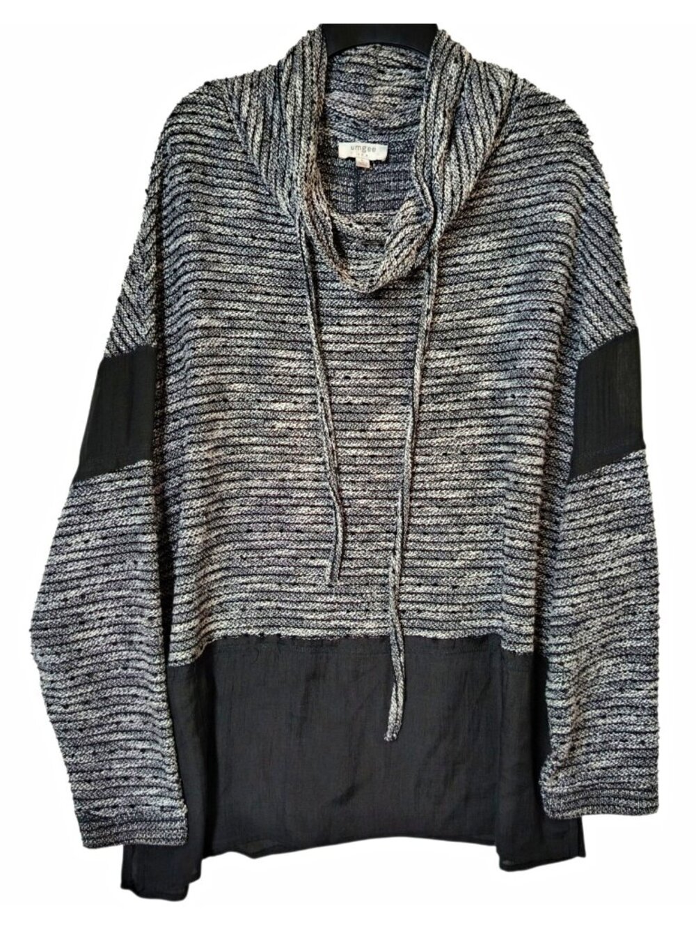 UMGEE Cowl Neck Drawstring Pullover Sweater Black White Striped Large